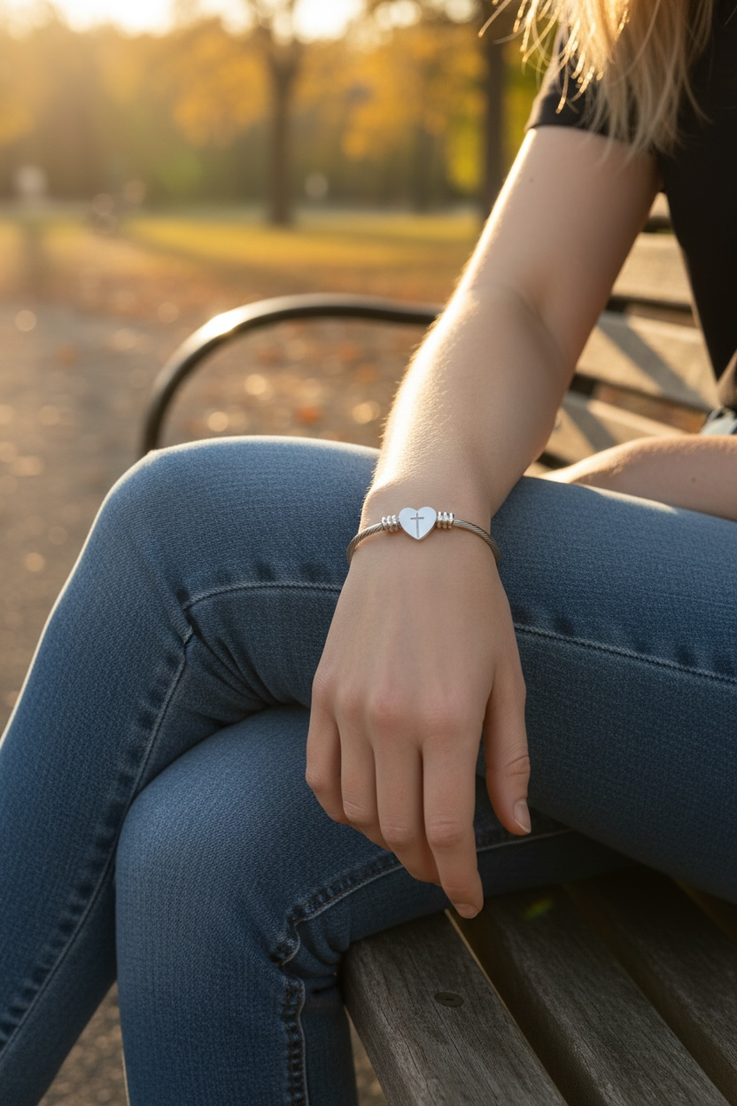 Heart Cuff Bracelet (Engraving) - Cross