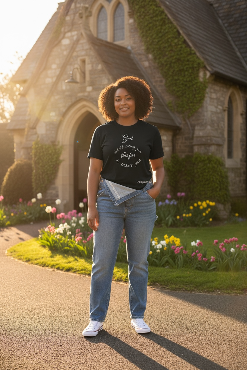 Scripture T-Shirt — "God didn’t bring you this far to leave you" (Philippians 1:6)